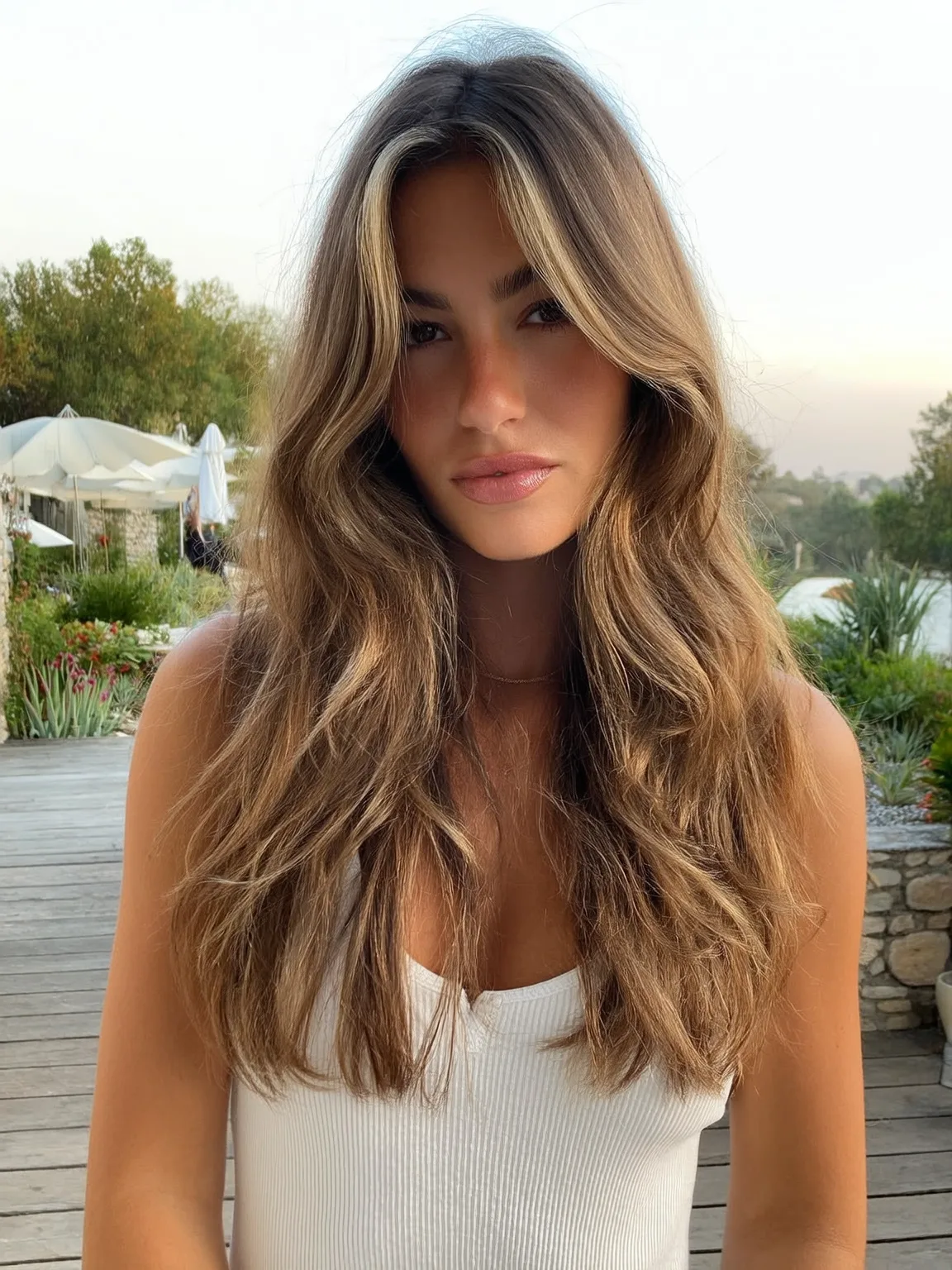Honey Brown Balayage Long Layers with Voluminous Curtain Bangs